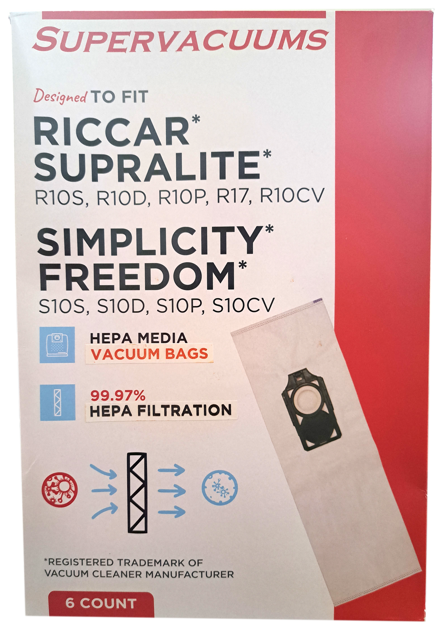 Supervacuums Deluxe Hepa Vacuum Bags for Riccar Supralite R10S, R10D, R10P, & R10SAND