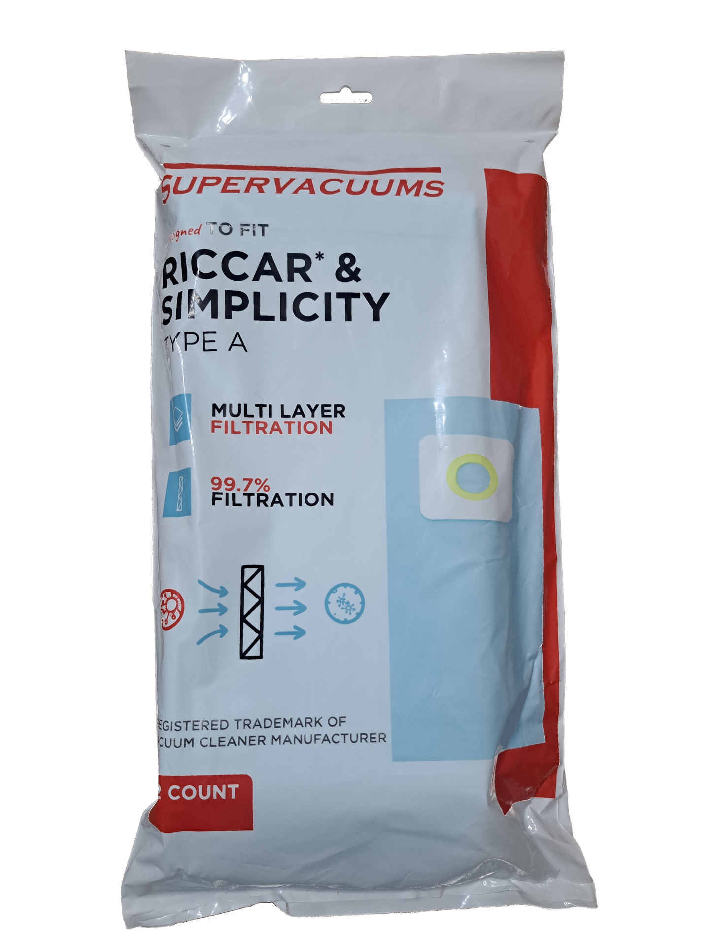 Supervacuums Paper Vacuum Bags for Riccar Type A Vacuum Cleaners - 12 Pack